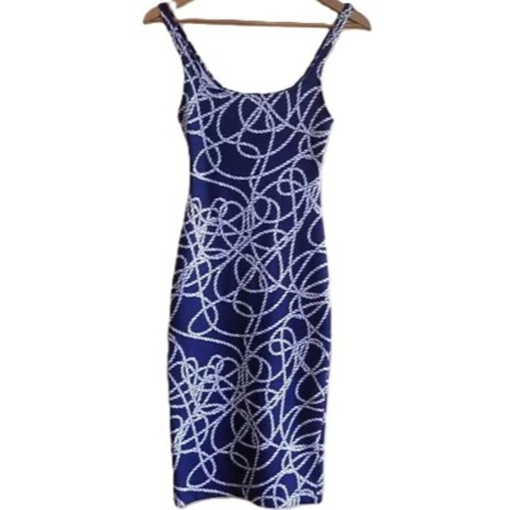 Zara Trafaluc Nautical Bodycon Midi Dress in Mariner Blue and White Size S